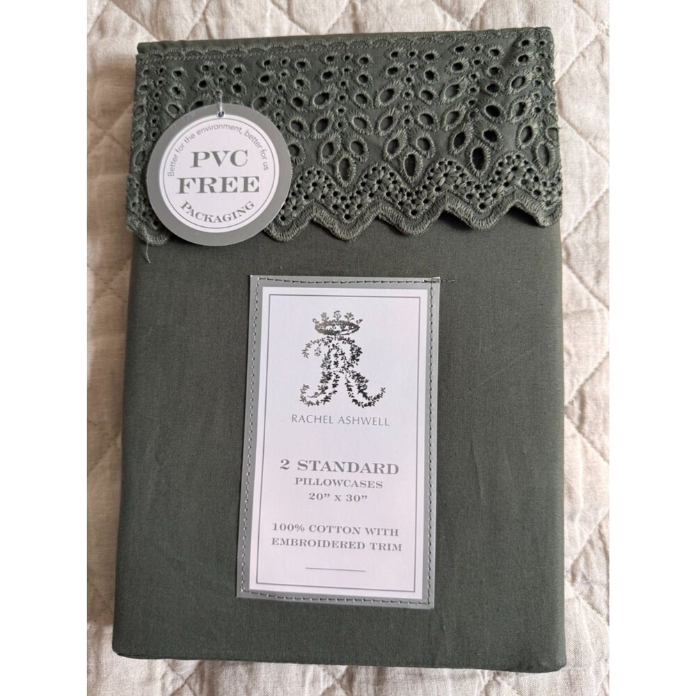 Rachel Ashwell Green Eyelet Edge Cotton Standard Pillowcases, Set Of 2, New!